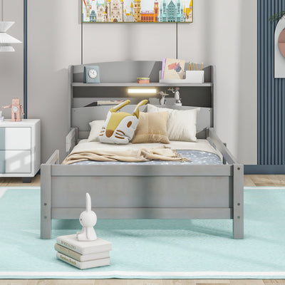 Twin Platform Bed With Storage Headboard LED Light And Guardrail