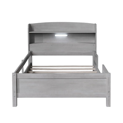 Twin Platform Bed With Storage Headboard LED Light And Guardrail