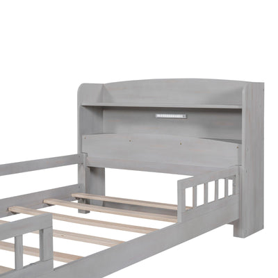 Twin Platform Bed With Storage Headboard LED Light And Guardrail