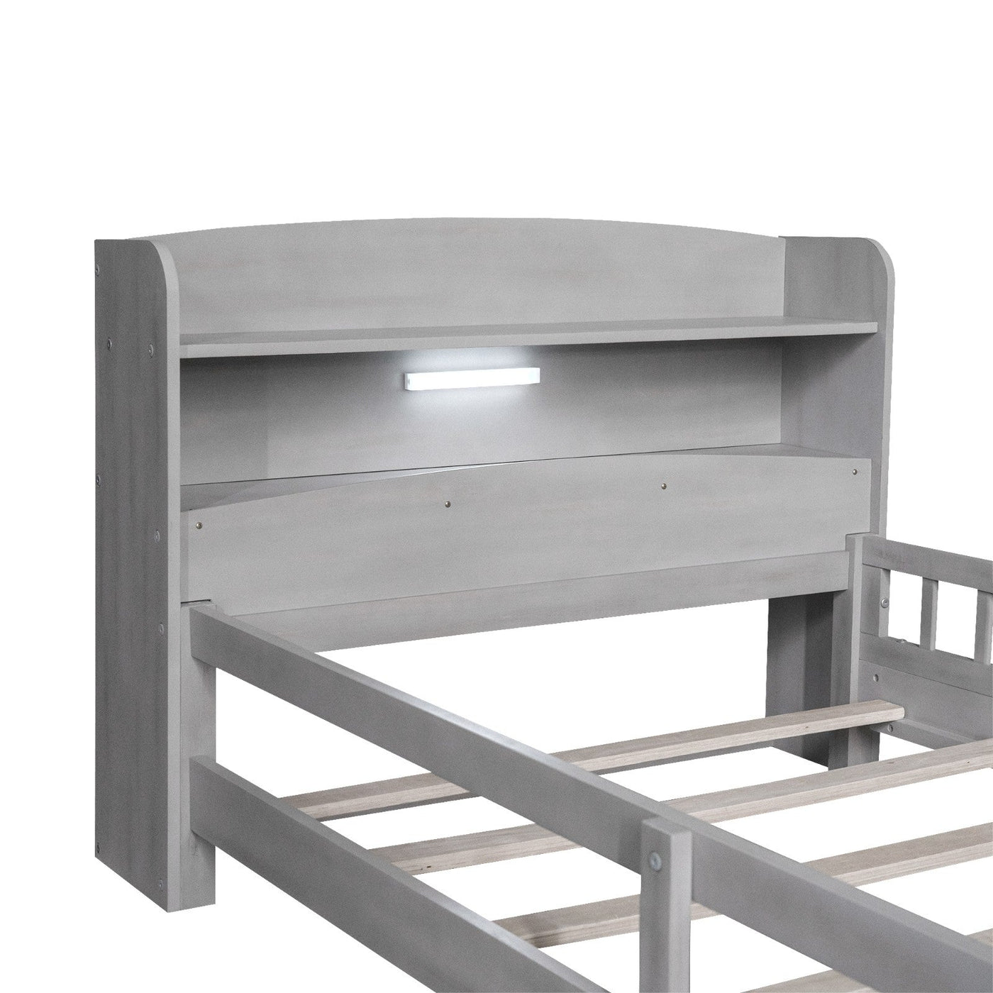 Twin Platform Bed With Storage Headboard LED Light And Guardrail