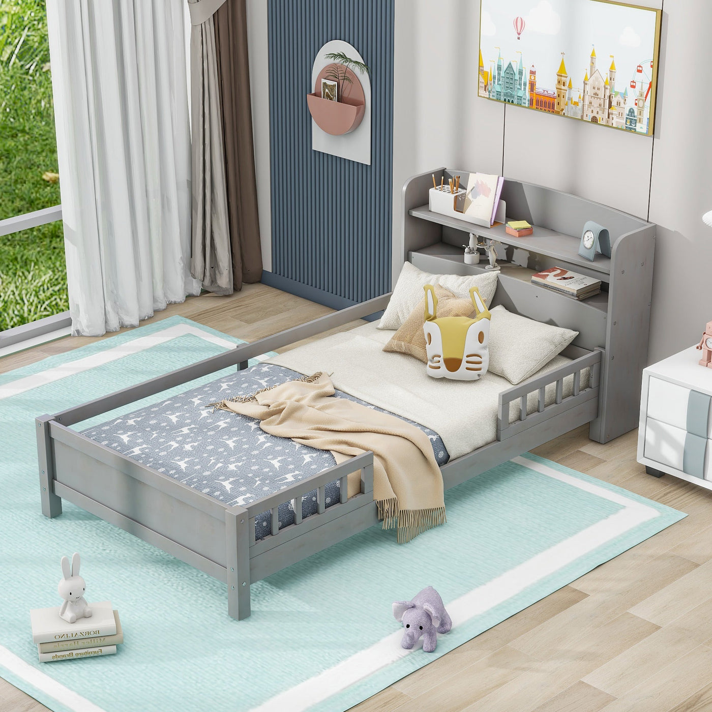 Twin Platform Bed With Storage Headboard LED Light And Guardrail